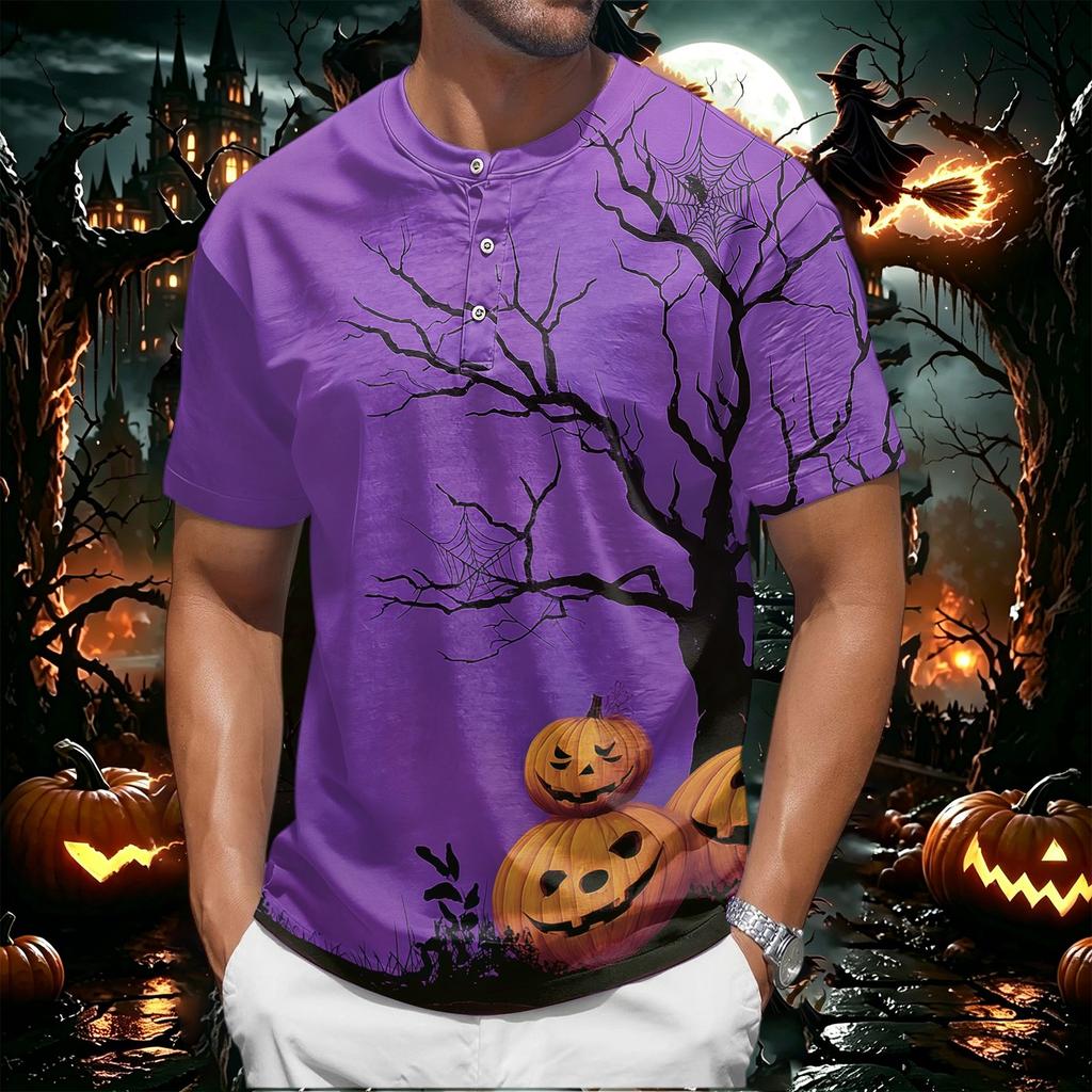 Mens Halloween Print Crew Neck Short Sleeve T Shirt Soft Fabric Casual Fit Pumpkin Pattern Comfortable Top