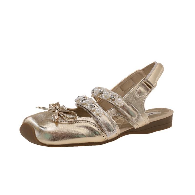 Fashion Bow Square Toe Flat Sandals Women Bead Mary Jane Shoes Woman Casual Summer 2025 Trend Shallow Dress Loafers Elegant Sandalias