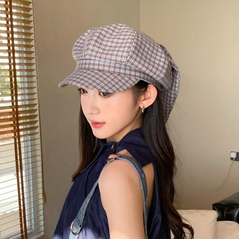 Korean Style Rabbit Ears Octagonal Hat Big Head Circumference Spring Painter Cap Plaid Beret  Girls