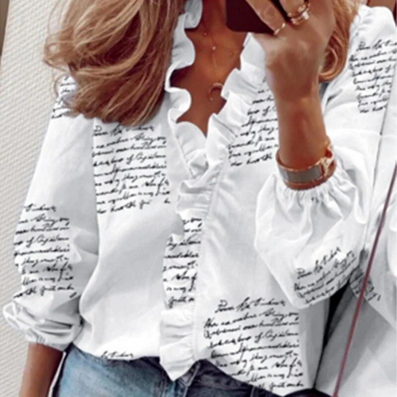 

Жіноча сорочка з принтом і V-подібним вирізом, довгим рукавом, осінь-зима