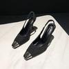 Black high heels women's 2025 spring new thin heels imperial sister style with dress metal pointed sexy bag head sandals