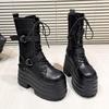 Fashion 17CM High Platform Gothic Boots Buckle Autumn Winter Leather Shoes Punk Street Cosplay Mid-calf Boots Motorcycle Short Botas