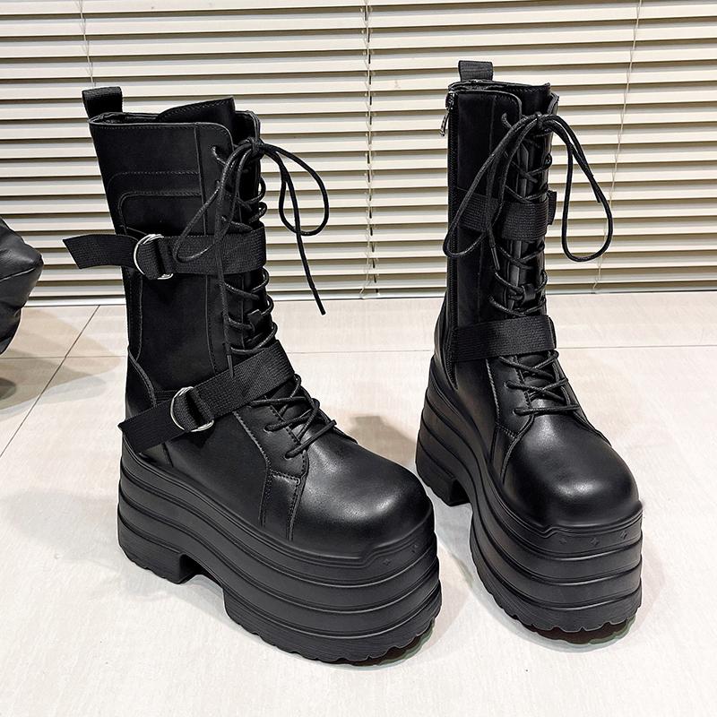 Fashion 17CM High Platform Gothic Boots Buckle Autumn Winter Leather Shoes Punk Street Cosplay Mid-calf Boots Motorcycle Short Botas