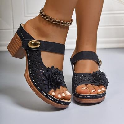 Plus Size Flower Thick Roman Heels Summer New Round Toe Open Toe Metal Buckle Casual Beach Cool Drag Women