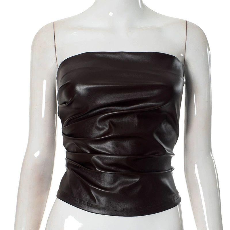Elsa European and American Women's Clothing Ins New Arrival Fashion Sexy PU Leather Tank-Top Leather All-Matching Sexy Nightclub Tube Top