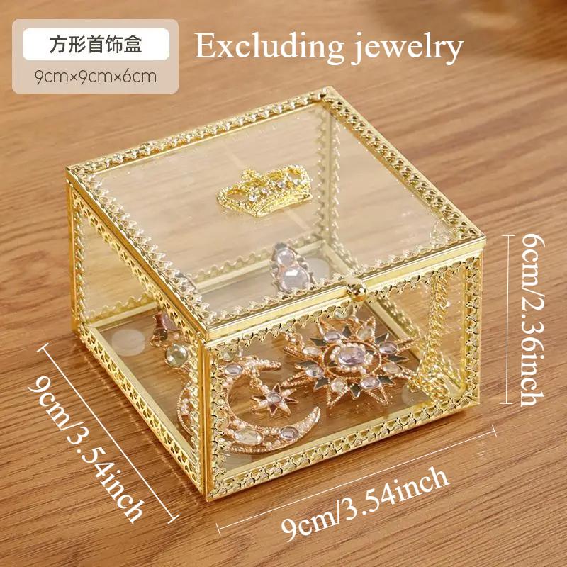 

1pc European Crown Earrings Ring Storage Box Gold Glass Transparent Jewelry Tabletop Jewelry Organizer Box Excluding Jewelry