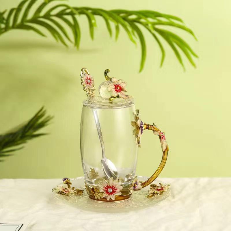 Chrysanthemum Enamel Glass Tea Cup - Lead-Free Crystal Coffee Cup Gift