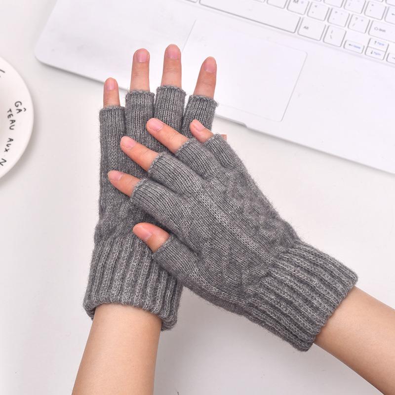 Men's Half-finger Thickened Thermal Gloves Knitted Leaking Fingers Office Student Brushed Imitation Cashmere Broken Finger Solid Color Gloves