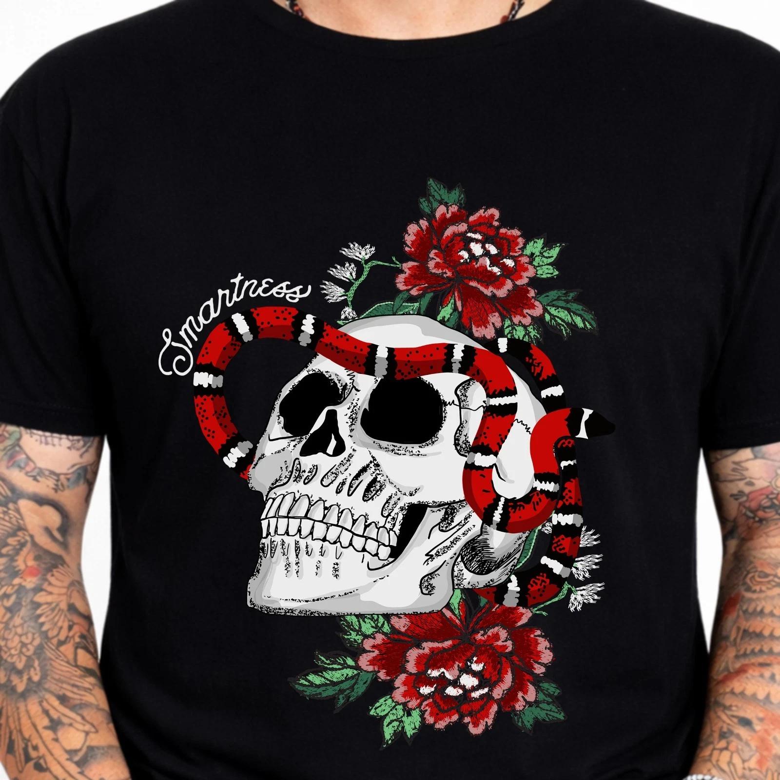 Skull Snake Flowers Graphic T-Shirt Gothic Tattoo Style Floral Dark Art Tee S