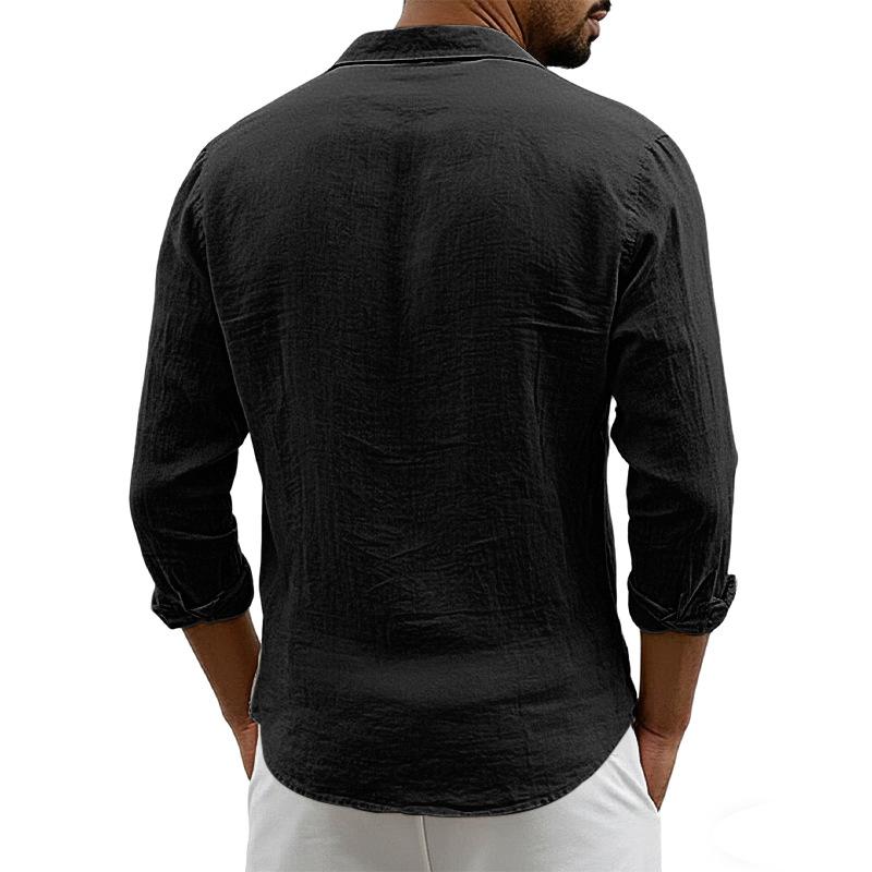 New Men's Solid Color Long Sleeve Shirt Linen Cotton Shirts Trend Plus-size Lapel Collar Casual Lightweight Beach Tops