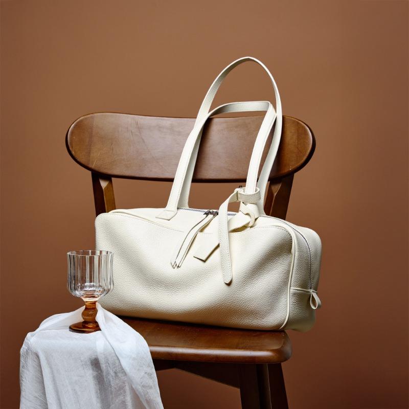 Bowling Bag for Women Retro Casual Large-capacity Genuine Leather Single-shoulder Bag