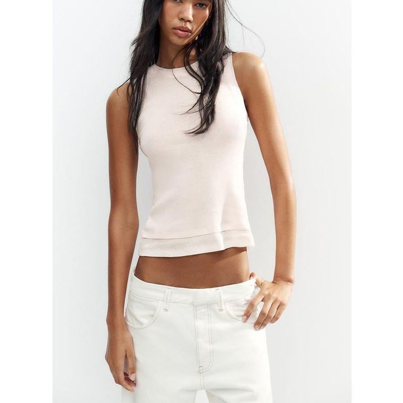 Summer New Product Women's Clothes Ins Style Cotton Double Layer Effect Round Neck Sleeveless Simple T-shirt Tops 5644776