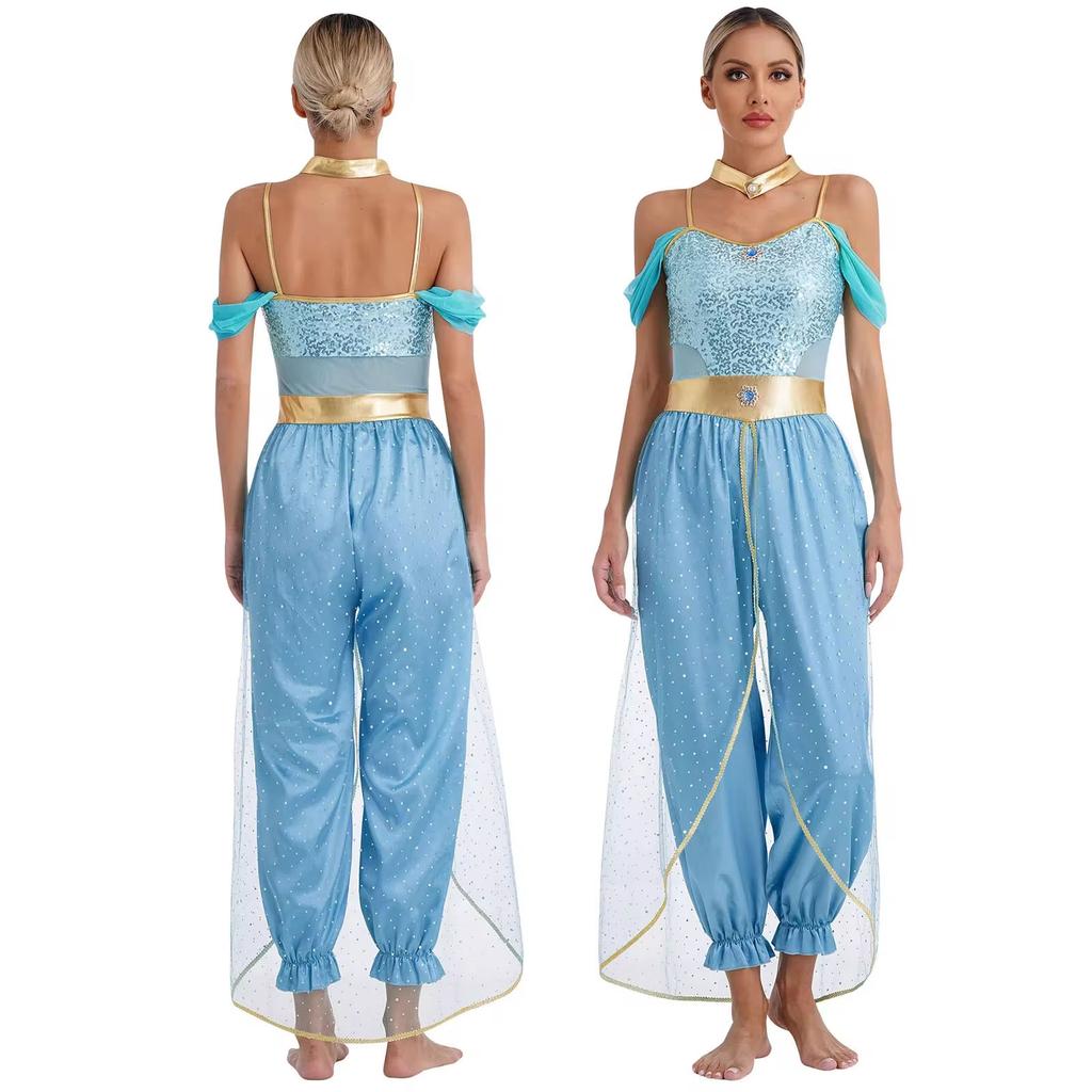 Womens Shiny Sequins Belly Dance Jumpsuit Halloween Arabic Arabian Princess Cosplay Party Costume Tulle Overlay Romper Bodysuit