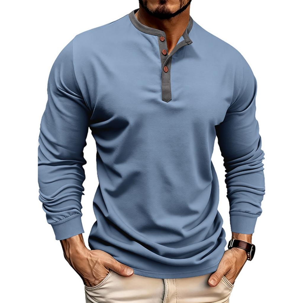 Men's Loose, Casual, Color,blocked Round,neck Long,sleeved Cotton Top