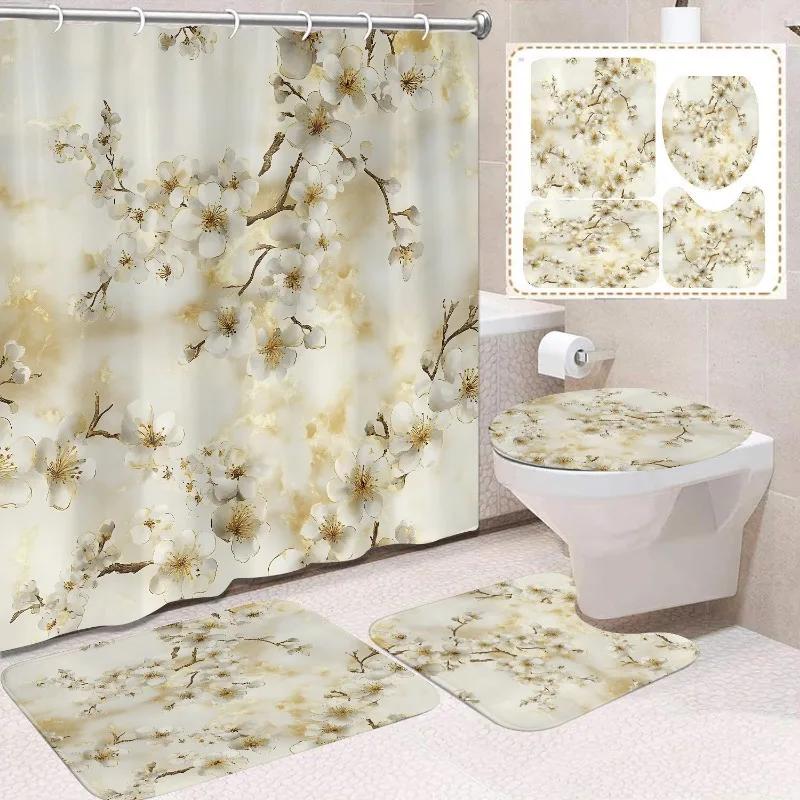1/4 Stuks Waterdicht en schimmelbestendig Douchegordijn Luxe met Haak Douchegordijn met antislip mat U-vormige mat toiletdekselhoes