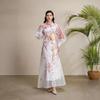 Retro court style printed bubble sleeve dress women's autumn strap waist unique beautiful super fairy long skirt