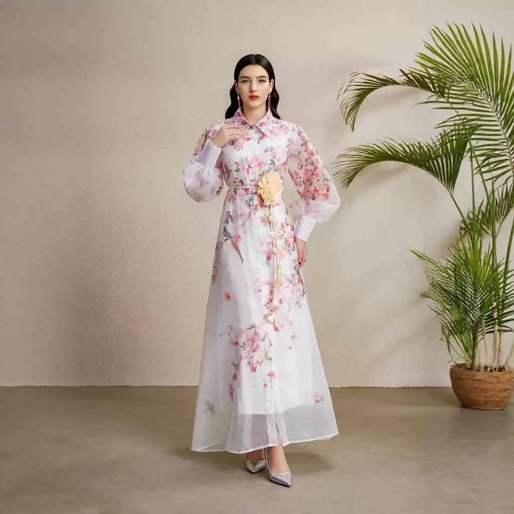 Retro court style printed bubble sleeve dress women's autumn strap waist unique beautiful super fairy long skirt