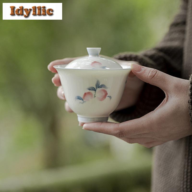 140ml Jade Mud Hand-painted Peach Gaiwan Boutique Tea Tureen Tea Bowl With Lid Kit Tea Maker Cover Bowl Chinese Teaset Ornaments