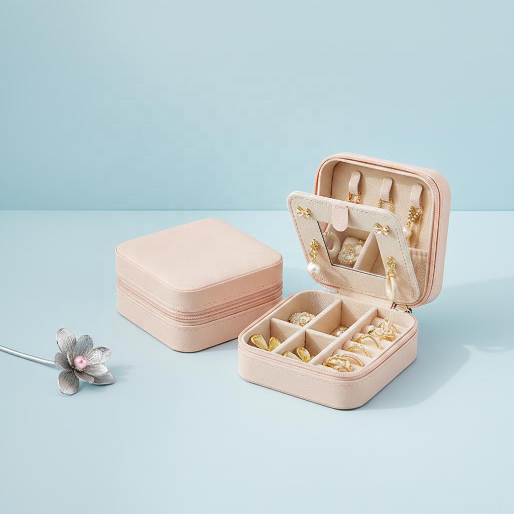Portable Square Jewelry Box with Mirror European-American Style Travel Storage for Necklace Stud Earrings Ring-Cross-Border