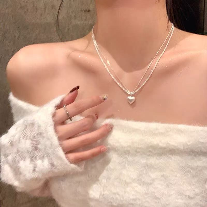 Female Light Luxury Niche Double-layer Brushed Heart Pendant Necklace