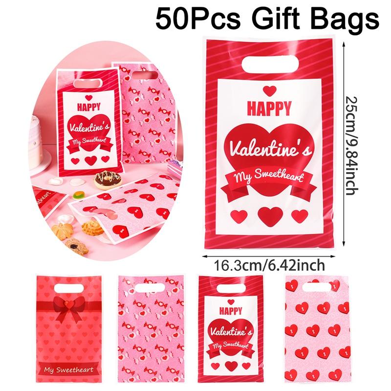 50pcs Pink Heart Valentine's Day Plastic Gift Bags Candy Bags For Valentine's Day Party Favor Wedding Decor And Party Suppllies