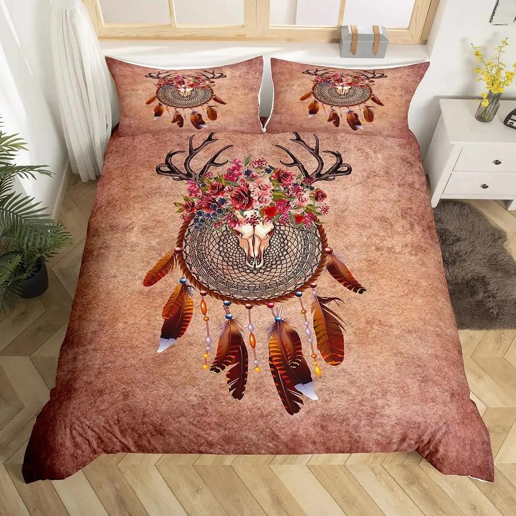 Deer Skull Rose Flowers And Feathers Duvet Cover Set Boho Dreamcatcher Bedding Sets With Floral Skull Head Comforter Cover Set