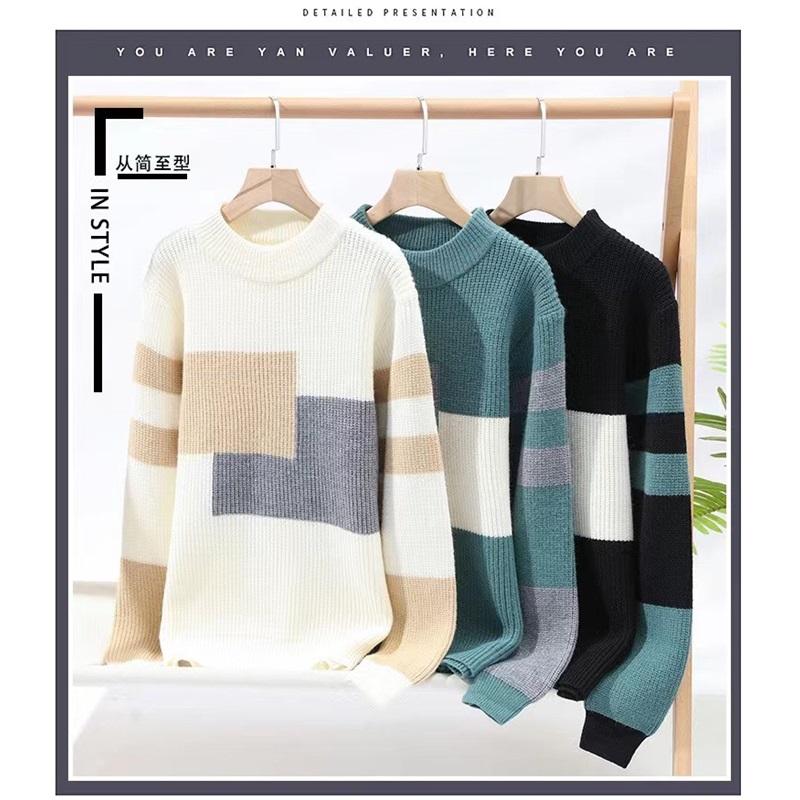 Classic Crew Neck Sweater Color Block Design Pullover For Men