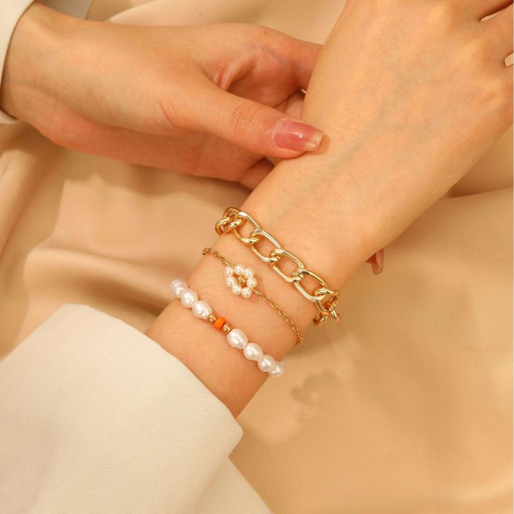 Minimalist European & American Pearl Flower Chunky Cuban Chain Bracelet Set for Women - Summer Hand Accessories