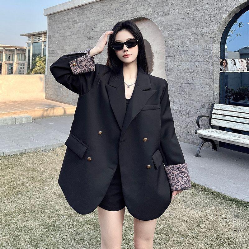 Spring and Autumn Women Long Sleeve Blazer Coat Niche Leopard Patchwork Loose Temperament Padded Shoulder Casual Suit Outerwear
