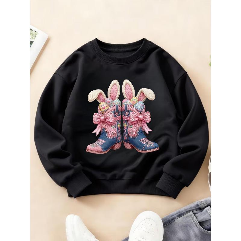Kids Crewneck Long Sleeve Sweatshirt, Western Cowboy Boots & Bow Rabbit Print