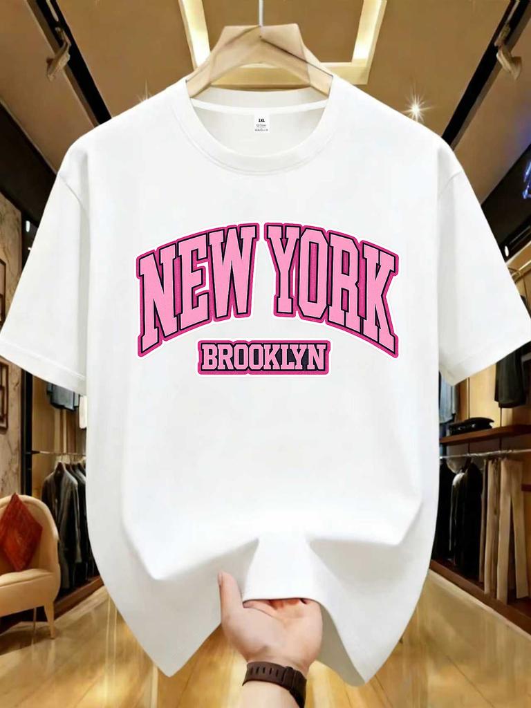 Wds0156pink Letter Printed Plus Size Unisexs Round Neck Tshirt Summer Casual Short Sleeved Top Street Fashion Versatile