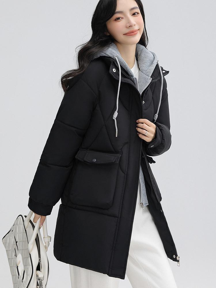 Autumn and Winter Women's Thickened Hooded Coat Loose Mid-length Fake Two-piece Windproof Warm Jacket Cold-proof Clothing