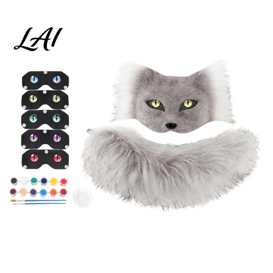 Comfy Fluffy Masque for Parties DIY Therian Kit Plush Furry Fox/Cat Animals with Realistic Fox Tail Eye Mesh Christmas Halloween Masquerade Cosplay