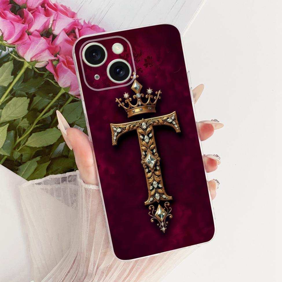 Transparent For iPhone 15 Case Cover Transparent Luxury Crown A-Z Letters 2D Flat Pattern Soft Casing A3092 A3090 A2846 A3089