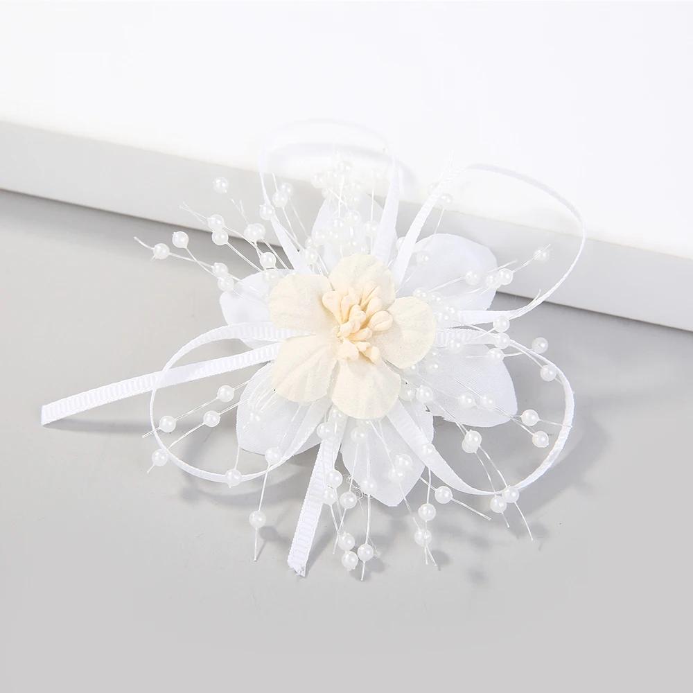 Women's Fashion Flower Feather Bead Corsage Hair Clip Bridal Hairband Brooch Pin Brida Barrettes Hair Mesh Accessories Jewelry