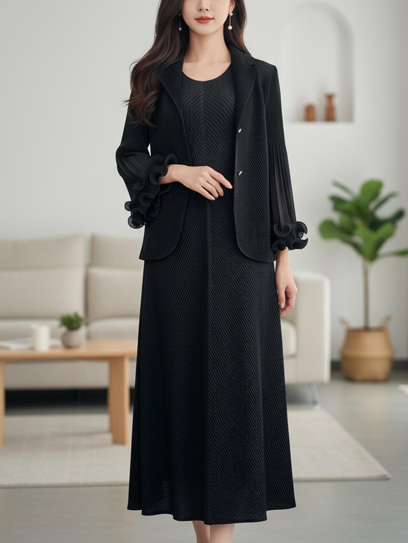 Осеннее высококачественное платье 2024 года с плиссировкой «рыбья чешуя» и воротником-стойкой Black