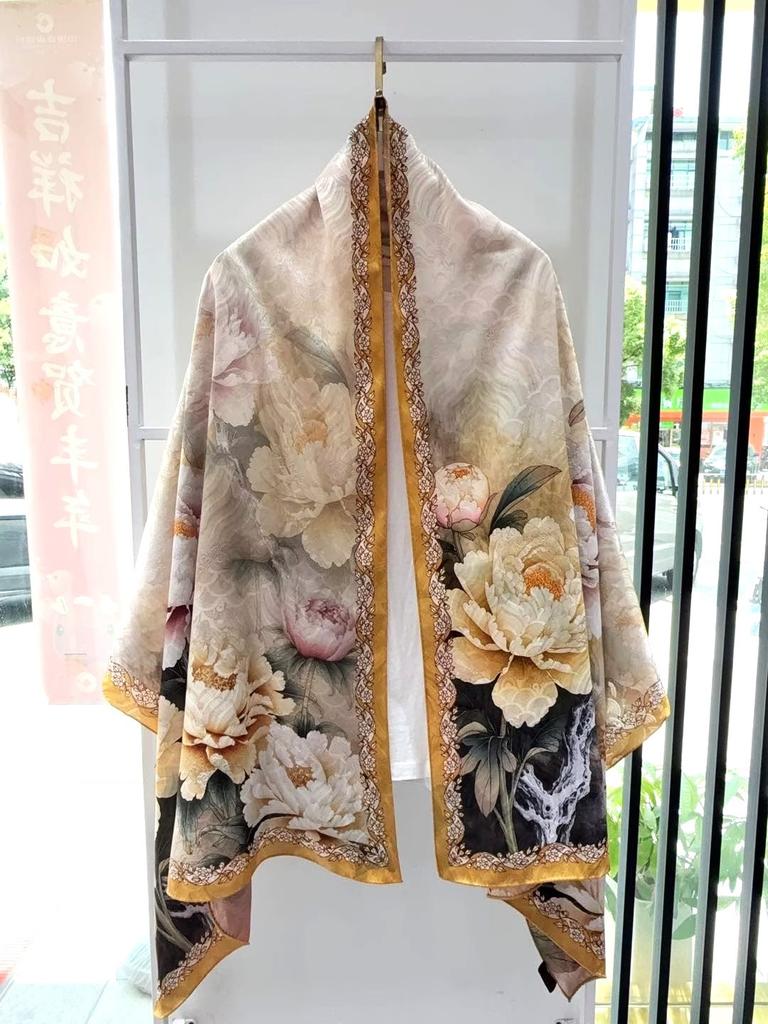New fragrant cloud flower dill double-sided shawl handmade fine curled edge long silk scarf women's cheongsam fabric high-end versatile scarf