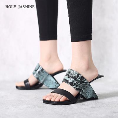2024 Summer New Slipper Genuine Leather Peep Toe Hollow Strange 8cm High Heels Slip On Mules Beauty Lady Convenient Cozy Sandals