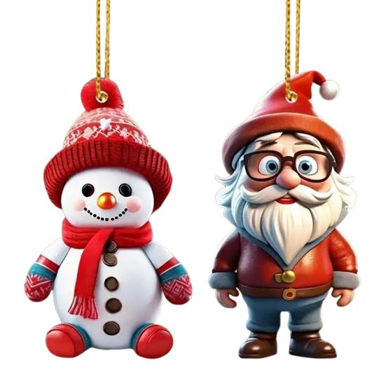 2 Pcs Christmas Ornaments Cartoon Snowman Santa Claus Acrylic Pendant Xmas Tree Hanging Decoration for Holiday Party Decor Car Accessories
