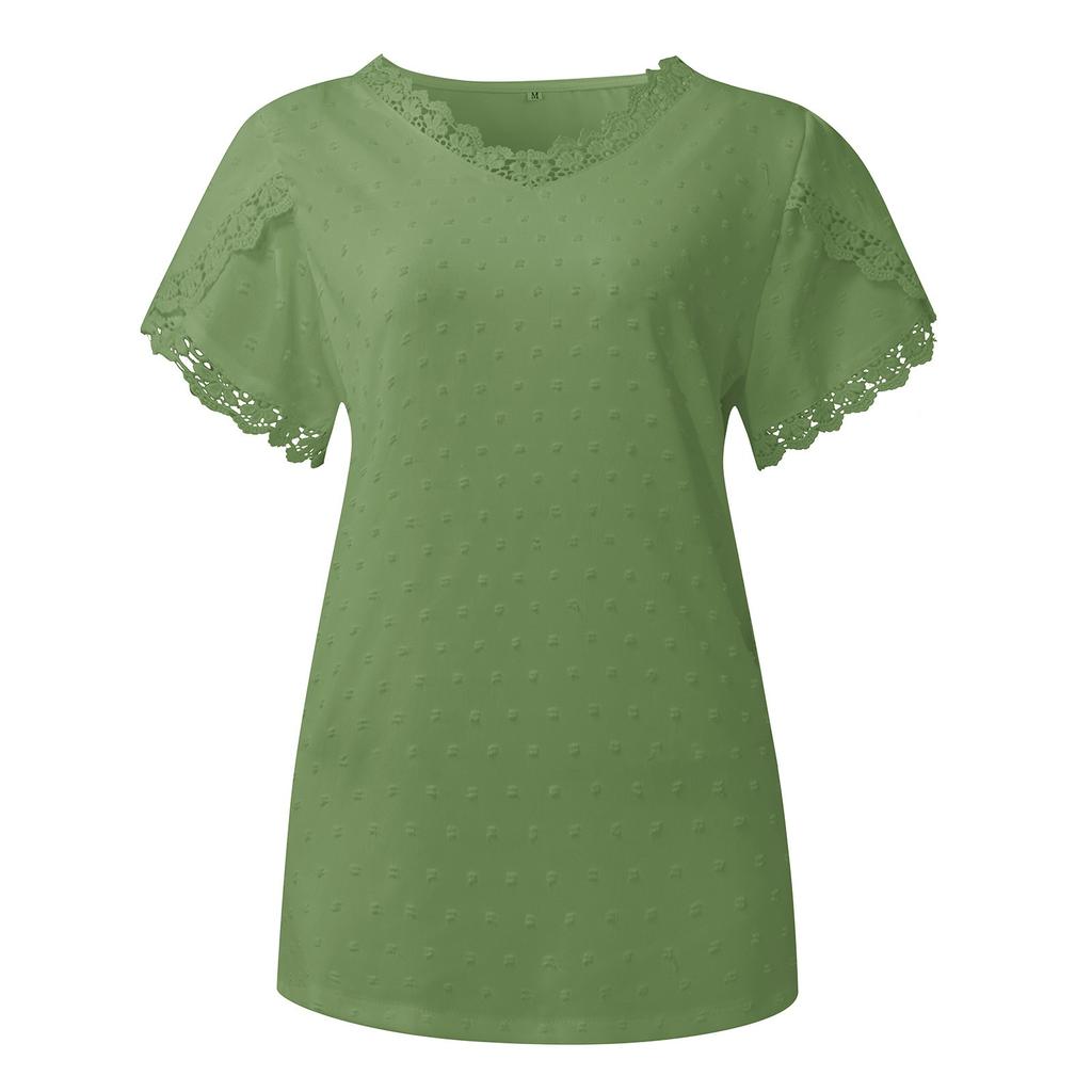 Ladies Casual Fashion Sexy Solid Color V-neck Pullover Comfortable Loose Short Sleeve Lace Sleeve Top