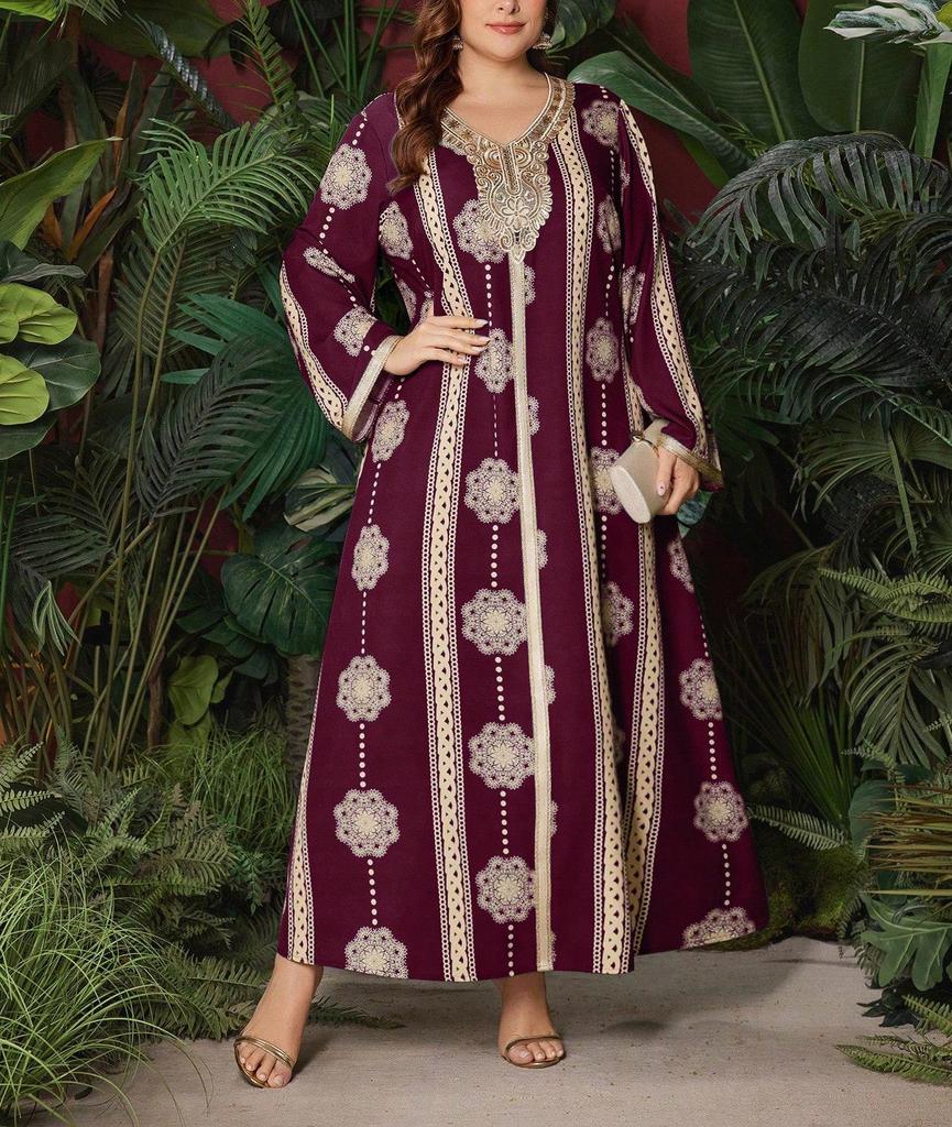 Bestseller: Orientalisches Patchwork-Blumenkleid in Übergröße, Elegantes Temperament, Frühjahrs-/Herbstmode