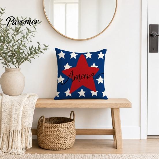 Linen Pillowcase 4th of July Pillow Cover, Independence Day with Red Blue Stripes Hearts Fourth Of Cover Stars Print, Sofa Cushion for Bed Couch