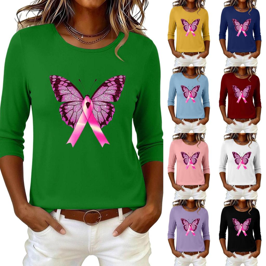 Women's Breast Casual Top with 3/4 Sleeves Round Neck Loose Fit Printed Ribbon Heart Butterfly Pattern for Daily Wear