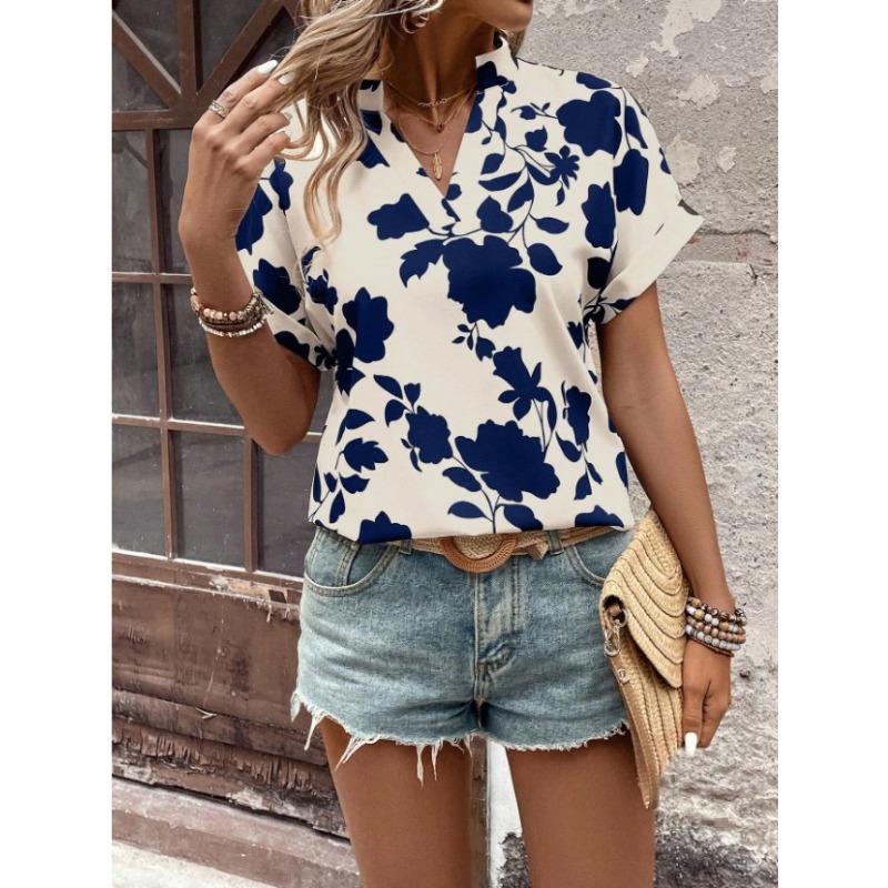 Women Floral Print V Neck Short Sleeve Blouse Casual Notch Collar Rolled Cuff Shirt