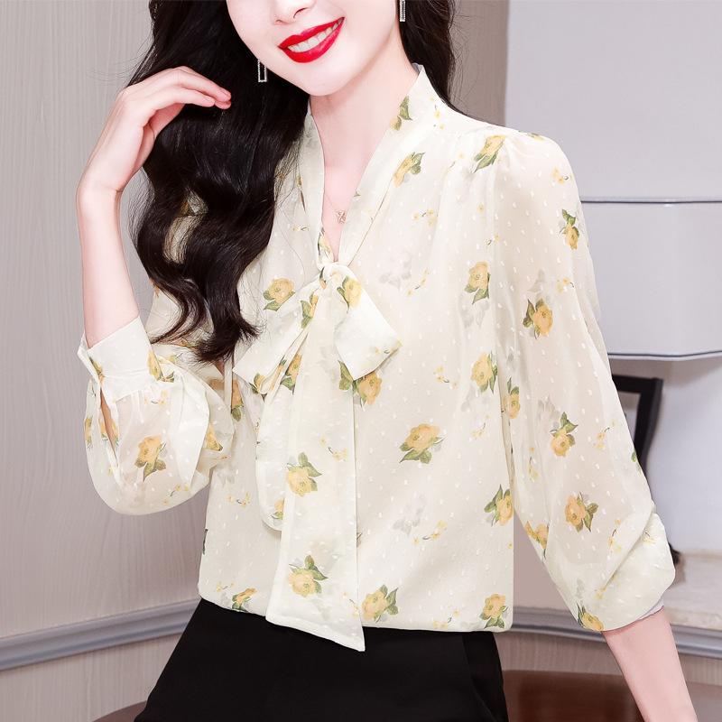 

Цветочный принт кружевной бант с длинным рукавом шифоновая рубашка весенний темпераментный топ 2XL