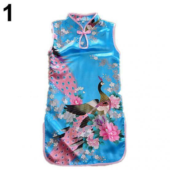 Elegant Children Girls Chinese Cheongsam Dress With Floral Peacock Pattern Sleeveless Summer Wear