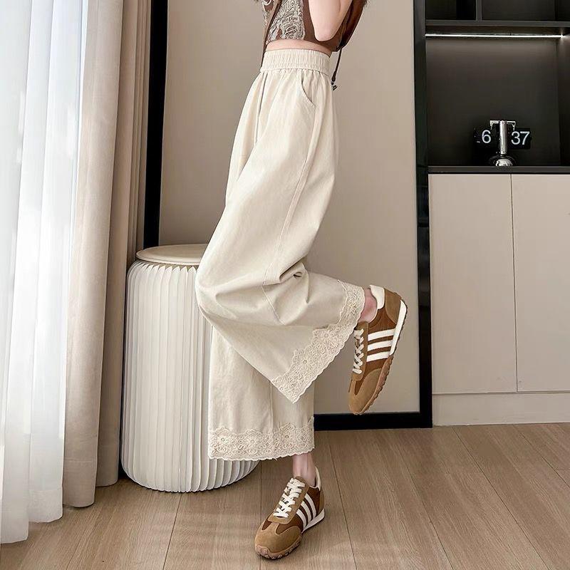 

Women s Petite Washed Cotton Floral Lace Cropped Wide-Leg Pants for Spring & Autumn S 80-100 кремовый
