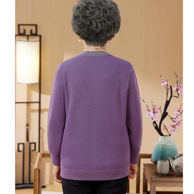 Autumn Over Grandma Knitted Sweater Crew Neck Clothes Medium and Old Women's Clothing Mom Clothing Long Sleeve Cardigan