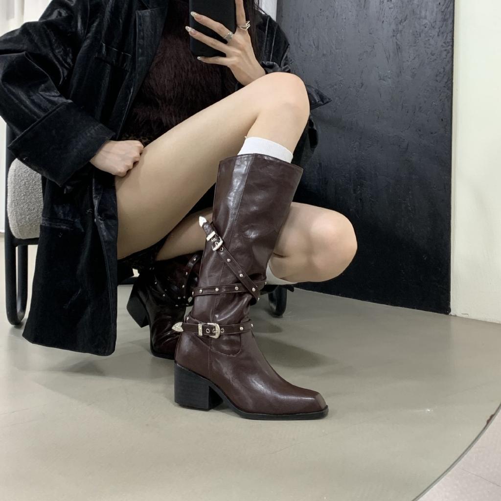 Korean Fashion Boots Feel Belt Buckle Small Thick Heel High Boots Children But Knee High Heel Thin Boots