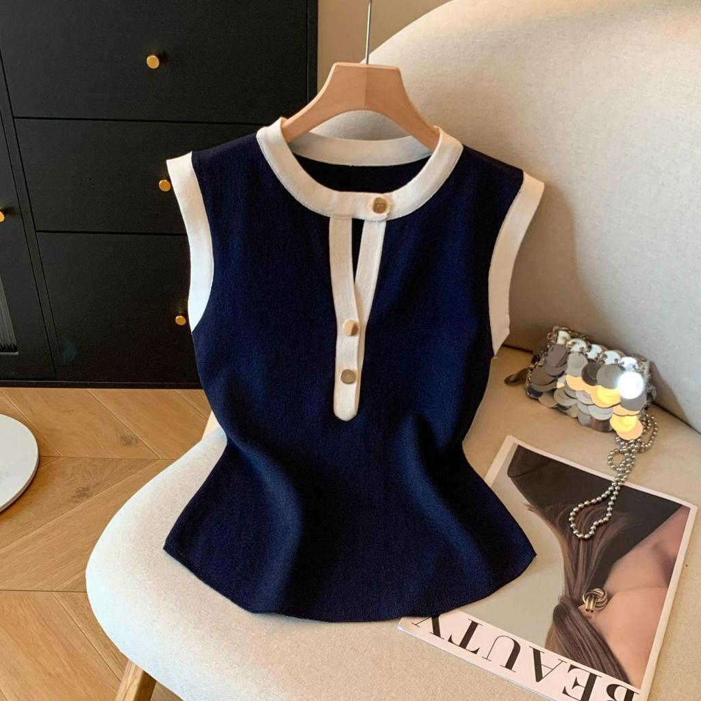 Vintage Hong Kong Style Sleeveless Color Block Camisole - Trendy Slimming Summer Top